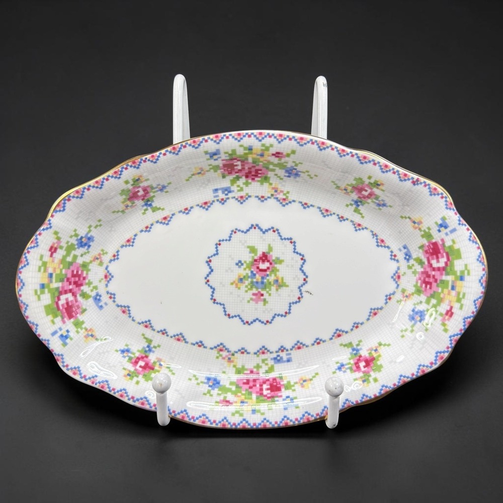 Royal Albert Petit Point China Oval Serving Platter Floral England Vintage 8inch